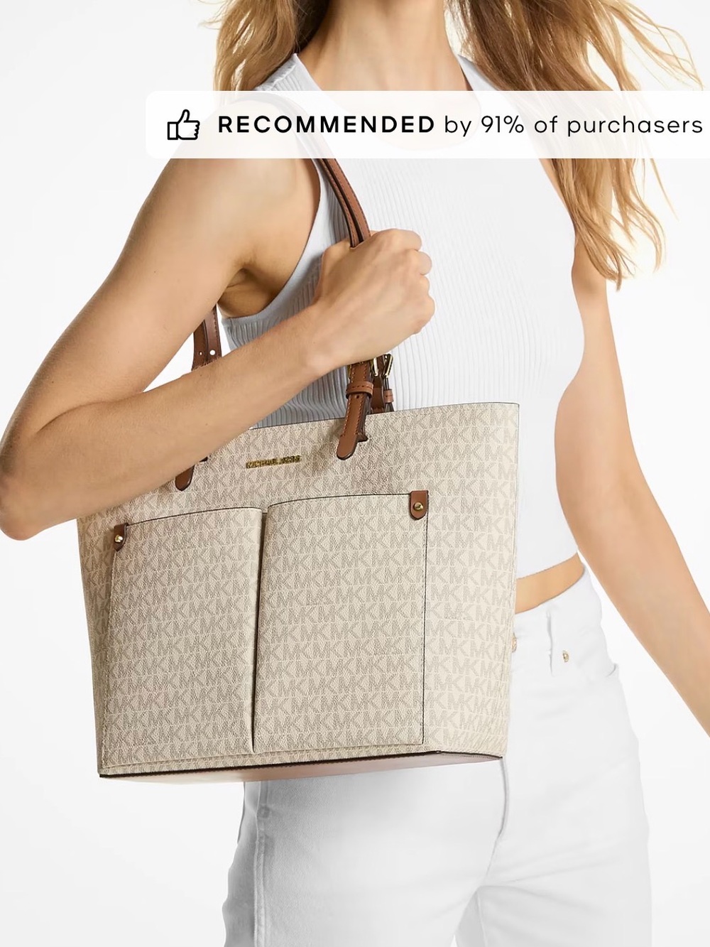 NEW Michael Kors White Logo Tote with Brown Leather Straps